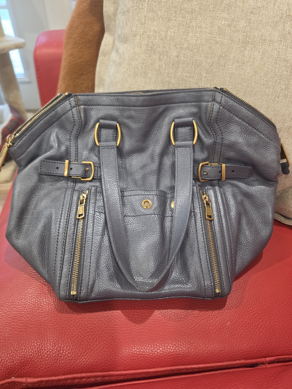 YSL Downtown Women’s Leather Tote Bag in Grey with Gold Hardware